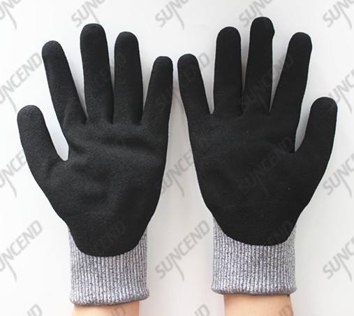 13 gauge HPPE cut resistant liner sandy finish nitrile coating gloves with new t