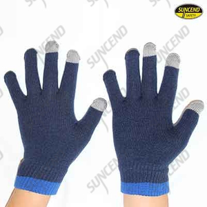 Blue polycotton knitted touch screen gloves