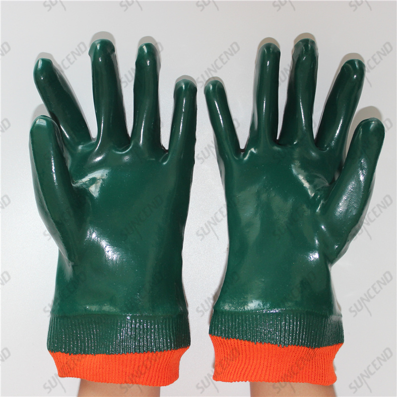 Knit wrist interlock cotton liner full double coat smooth green PVC gloves