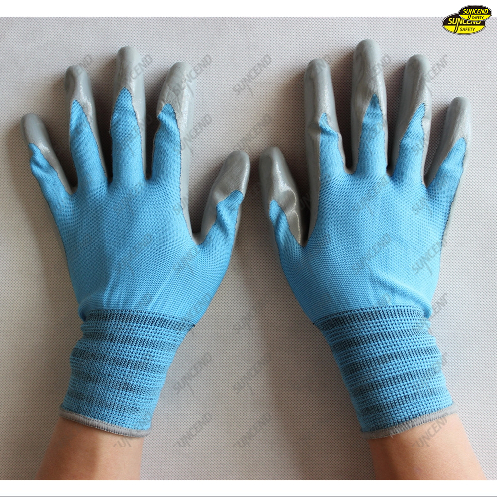 Polyester liner smooth nitrile safety work gloves