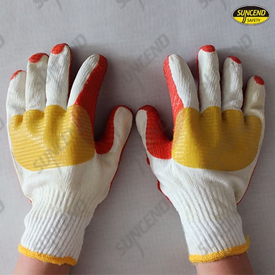 Red rubber palm coated gloves with yellow joint