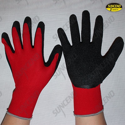 Seamless red polyester liner crinkle latex palm coated work gloves