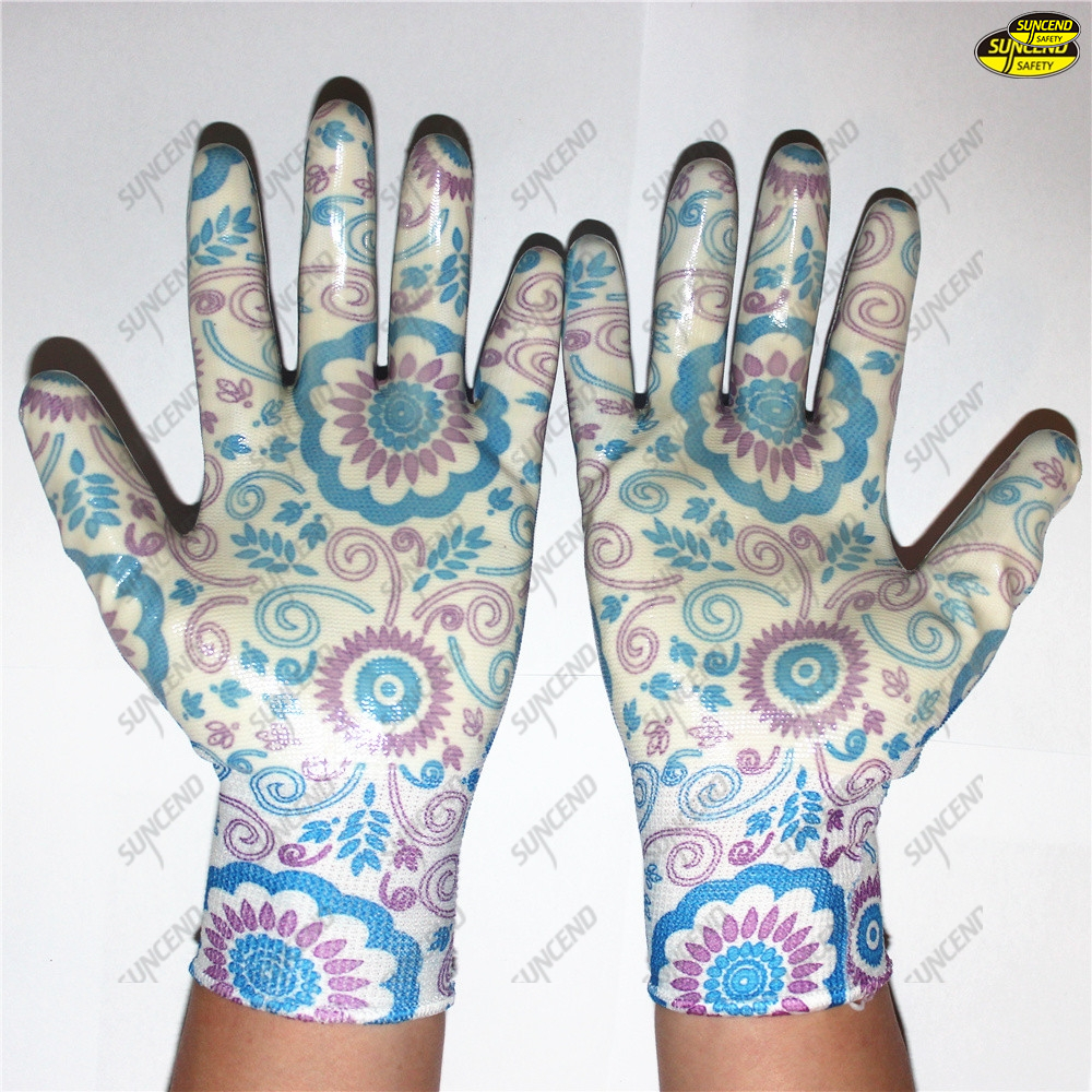 Gardening work colorful liner nitrile coated safe gloves