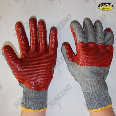 Red rubber palm and joint coated work gloves