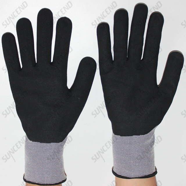 Nylon Liner Seamless Knitting Nitrile Coated Sandy Finish Safety Gloves 