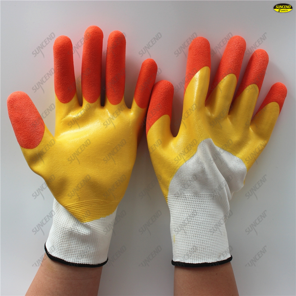 Waterproof oil resistant two color nitrile double coated sandy finish polyester 