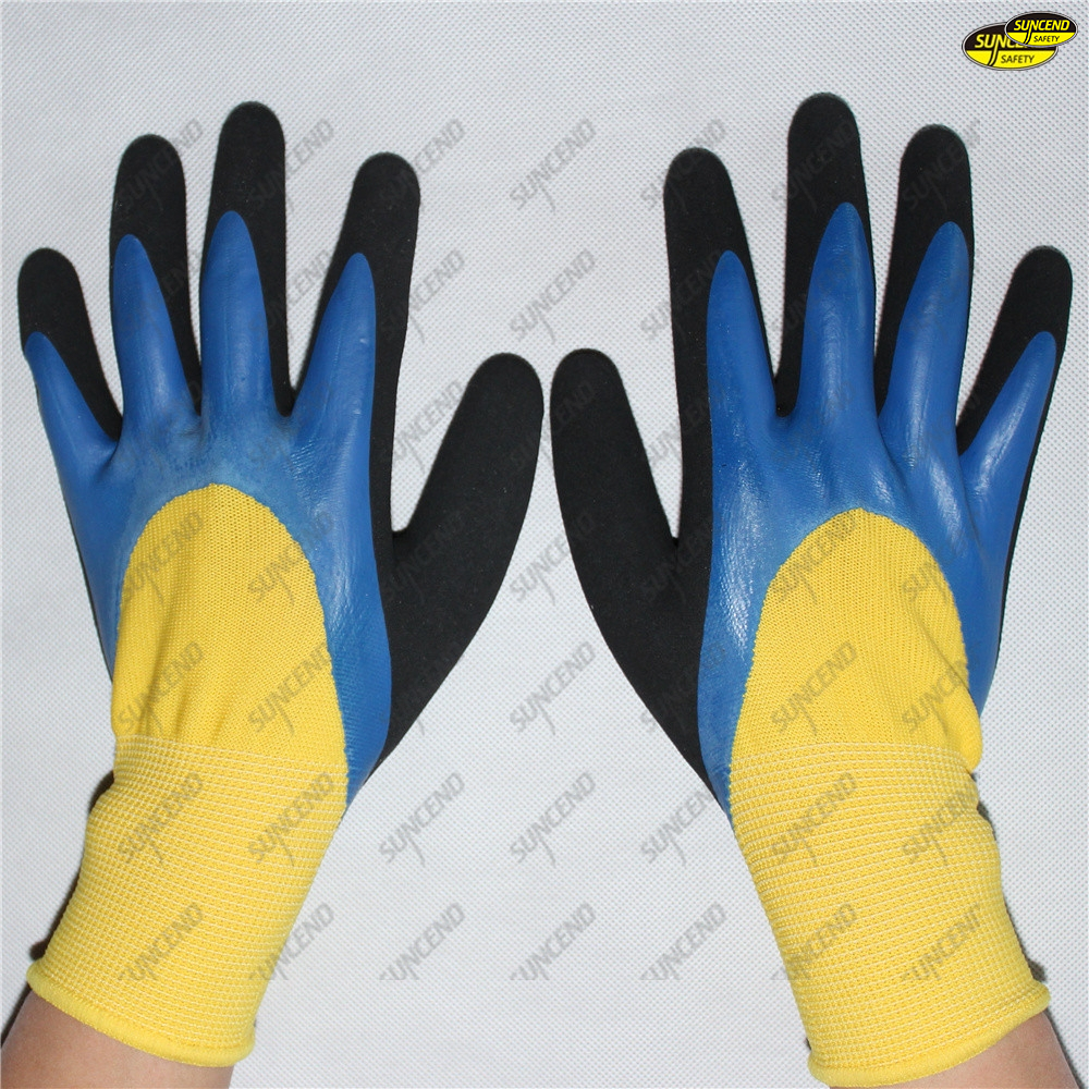 Safety polyester liner double nitrile dipped working gloves