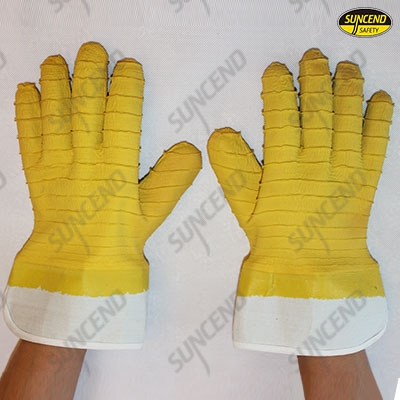Yellow latex coated safety cuff gloves