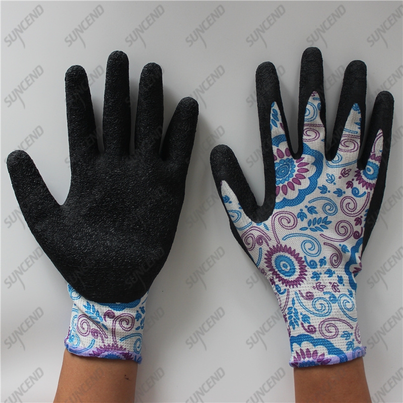13G floral colored polyester palm coated crinkle latex gloves