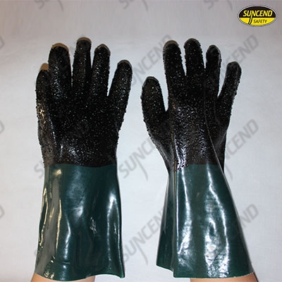 Black plam green cuff pvc dipped gloves with rough finish 