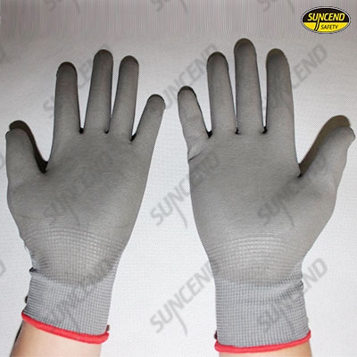 Grey PU palm fit work gloves 