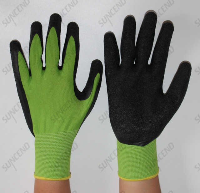 Suncend New Green Color 13 Gauge Polyester/nylon Seamless Knit Latex Crinkle Finish Gloves for Construction