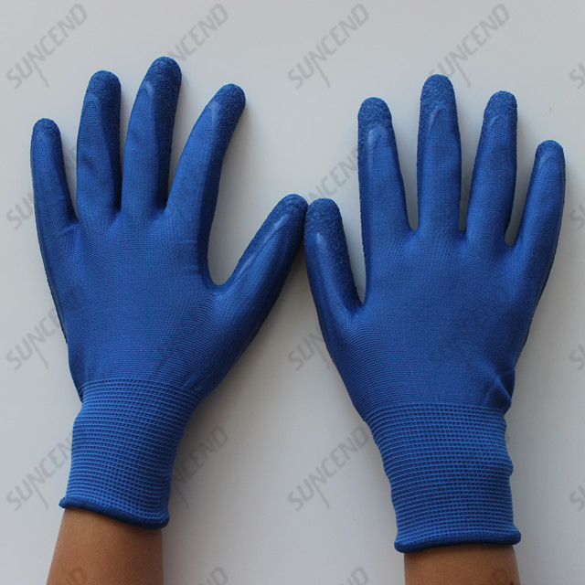 Seamless 13 gauge blue polyester shell crinkle latex palm coated gloves