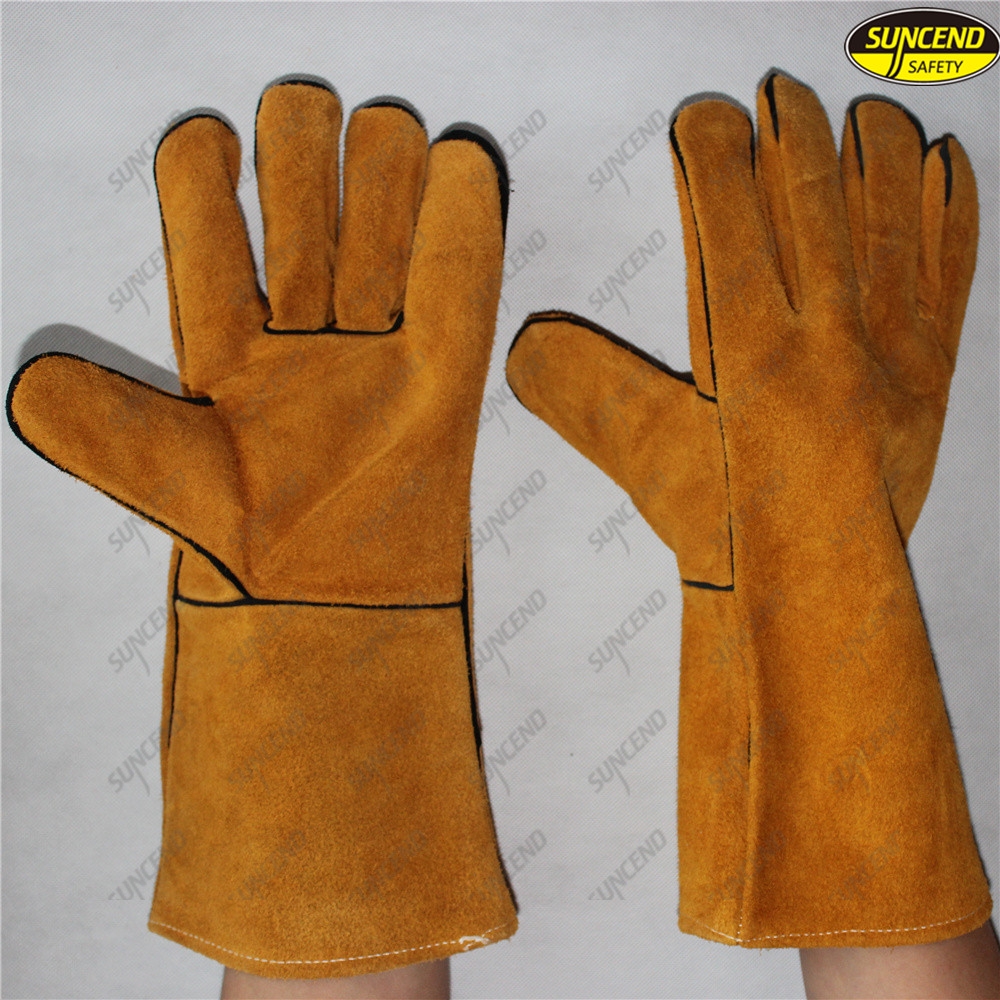 Jersey liner cow split leather safety hand protective gloves