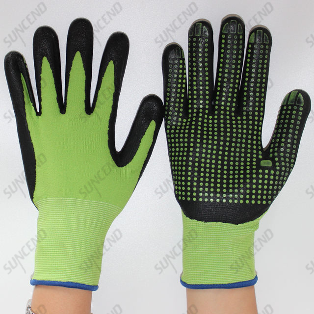 15G Nylon+spandex Liner Foam Nitrile Coated Dotted Work Gloves