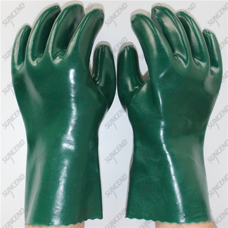 28cm interlock nylon anti acid middle sleeve green smooth PVC fishery gloves