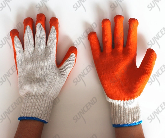  7G Polycotton liner with Orange Latex palm coated work gloves with smooth finish