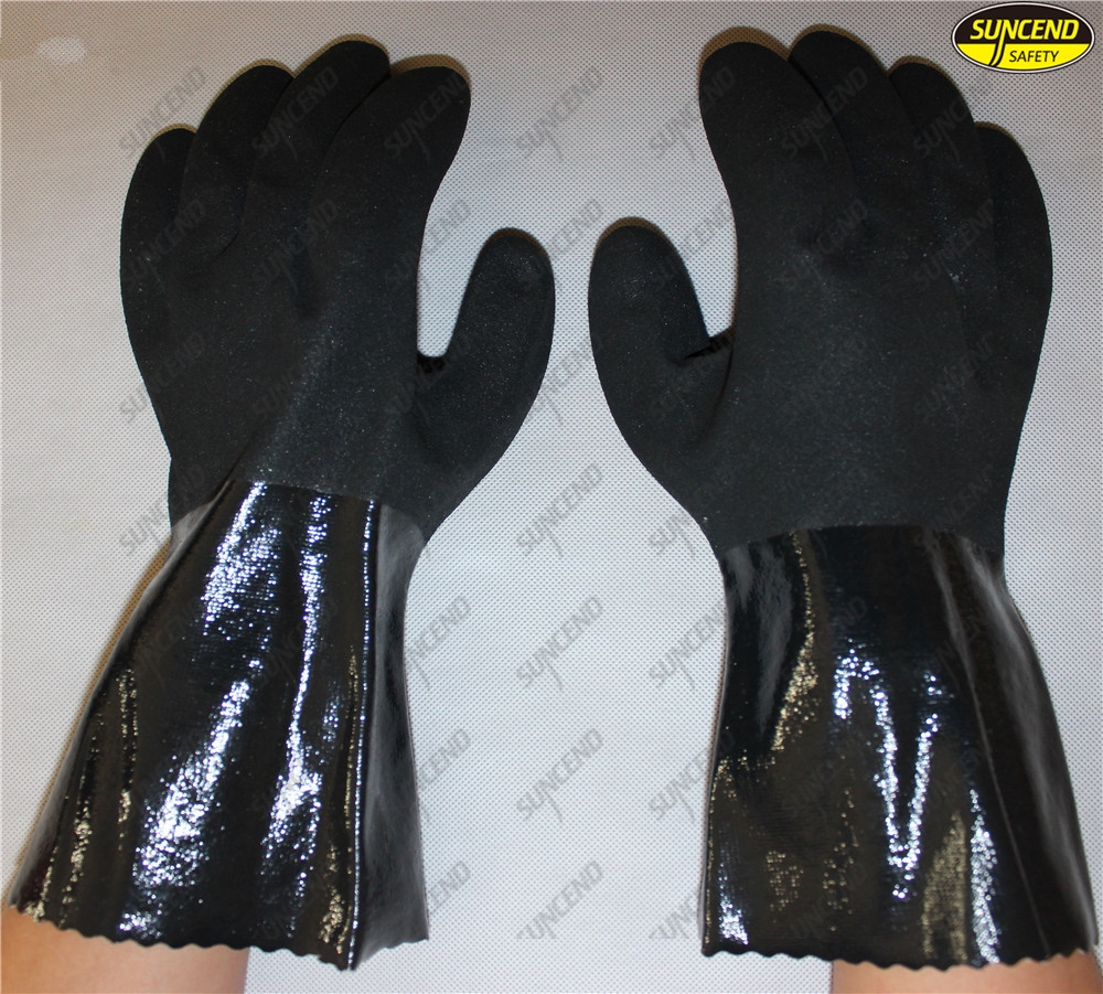 Oil resistant blue PVC double dipped sandy finished working glove