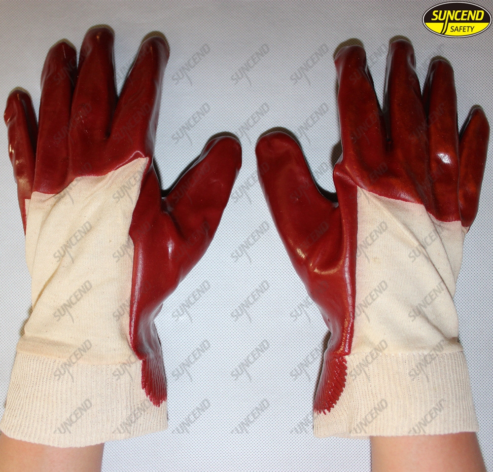 Factory price long red pvc coated safety gloves