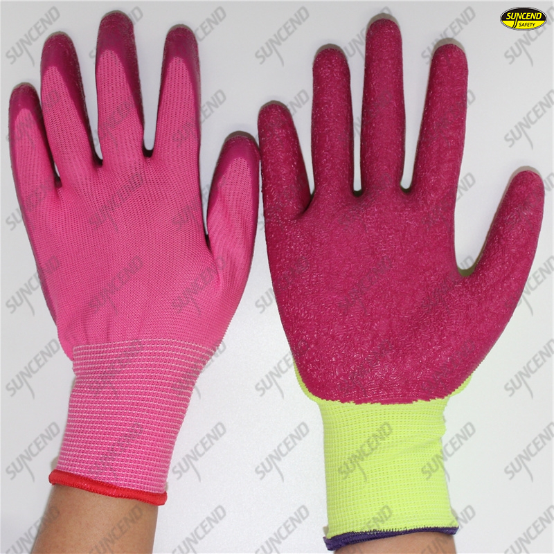 13 Gauge pink polyester palm coated crinkle pink latex gloves