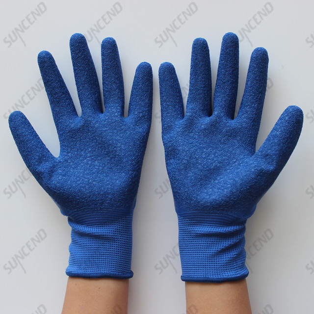 Seamless 13 gauge blue polyester shell crinkle latex palm coated gloves