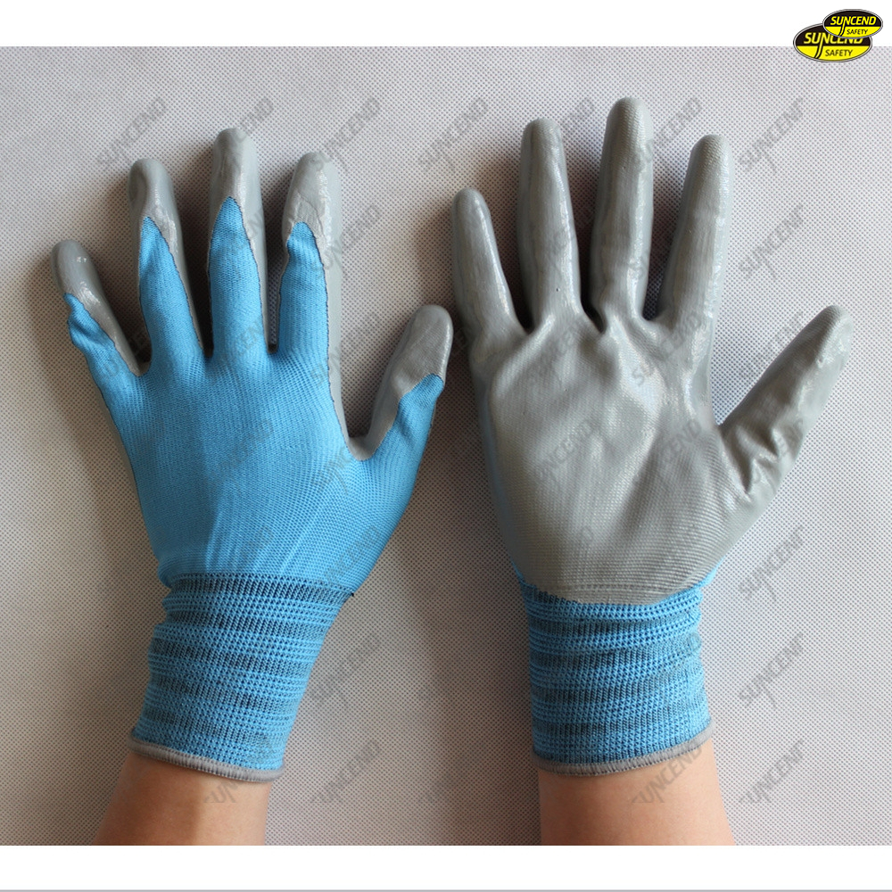 Polyester liner smooth nitrile safety work gloves
