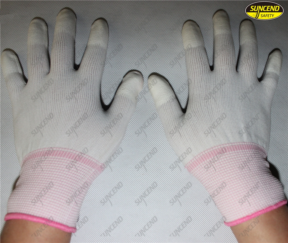 Polyester liner PU fingertips coated industrial working gloves