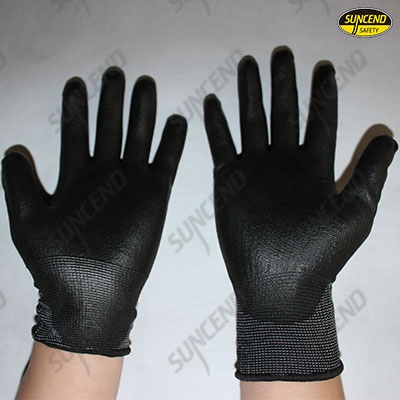 Black pu palm coated work gloves 