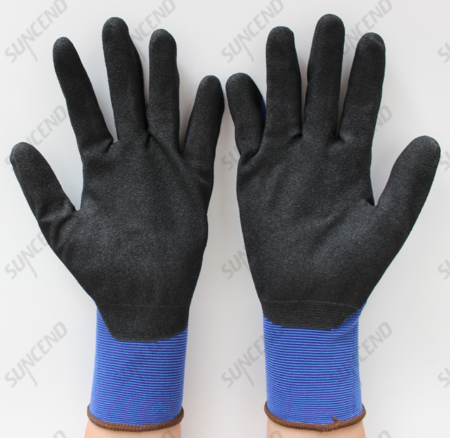 13/15/18 Gauge Blue Nylon Knit NBR Coating Work Glove with Sandy Finish