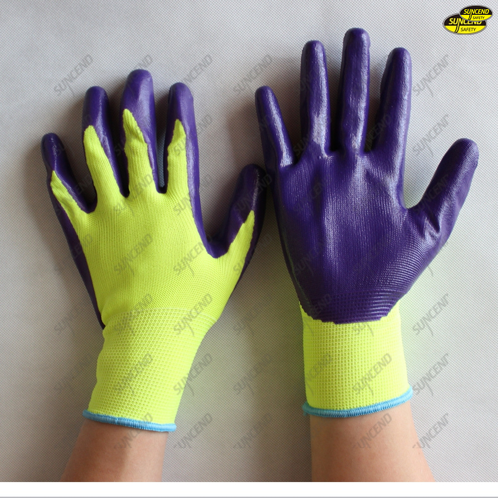 Smooth palm nitrile coated safety work polyester gloves