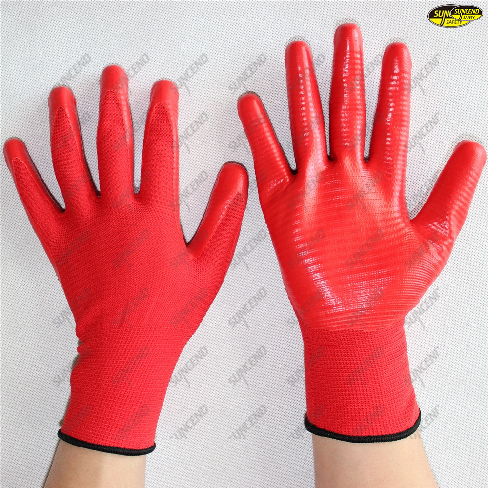 Flexible breathable polyester liner nitrile coated gloves