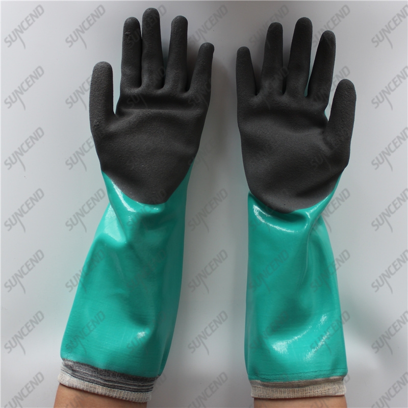 HPPE liner long cuff double coating black sandy nitrile gloves