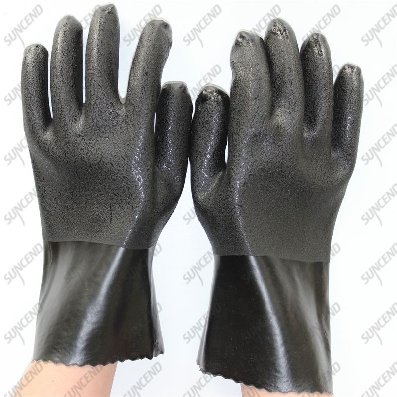 Cotton liner chemical resistant sandy PVC anti-acid black rubber working gloves