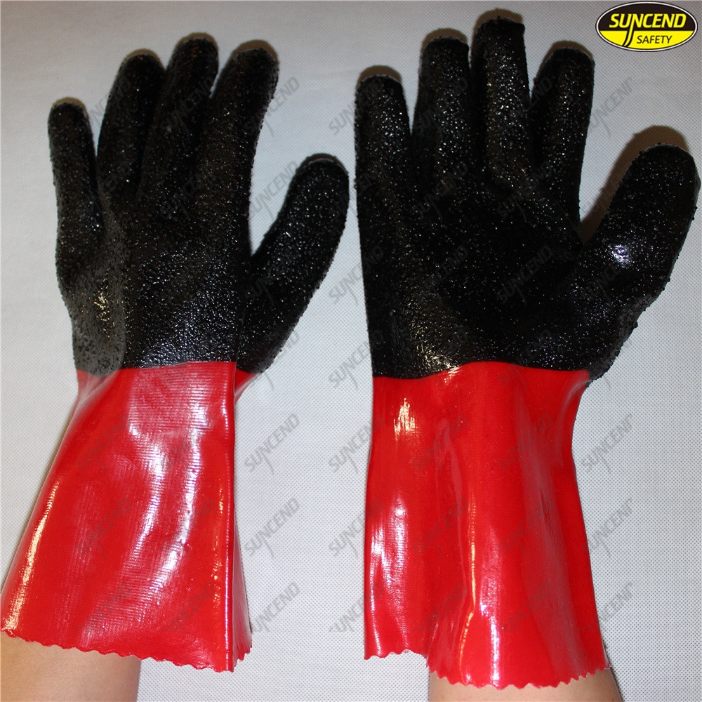Long sleeve PVC double dipped hand protective work gloves with granule