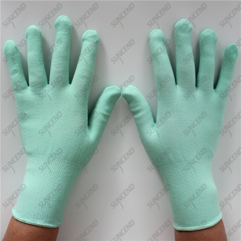15 gauge nylon spandex knitted lining single palm green PVC dotted women gloves