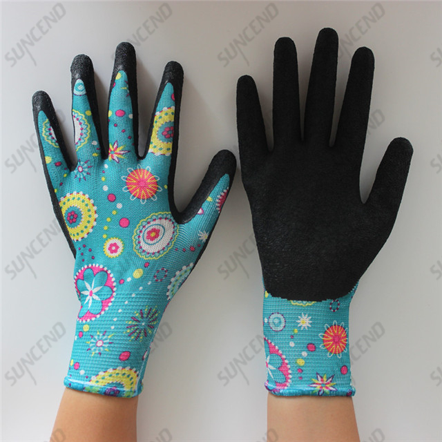 Colored Nylon Liner Palm Crinkle Latex Coated Garden Women Gloves