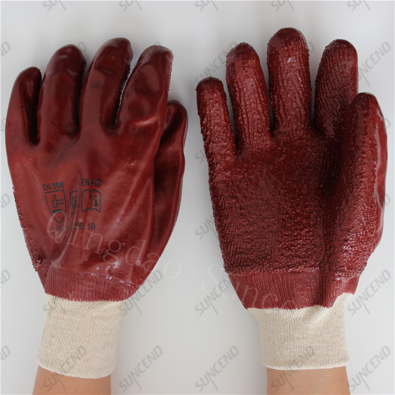 Knitted wrist jersey cotton liner full coating rough chocolate PVC gloves