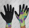 Flower color polyester shell half coated black crinkle latex garden work gloves
