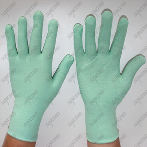 15 gauge nylon spandex knitted lining single palm green PVC dotted women gloves