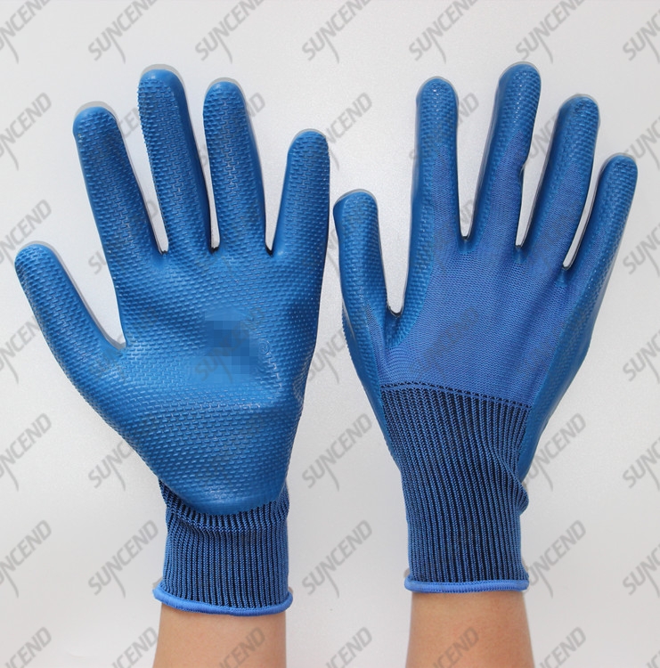 Nylon coated blue latex embossing on palm safety gloves